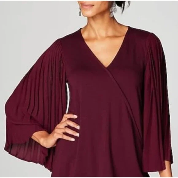 J Jill Bordeaux Pleated Bell Sleeve Top Womens Sz XL V Neck Flowing Dramatic NEW - Picture 2 of 15